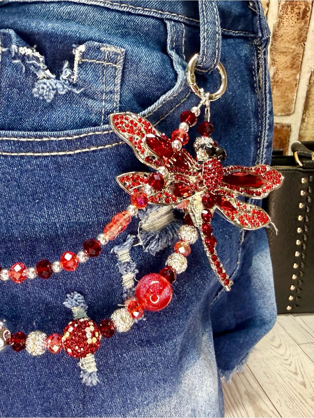Red Crystal Dragonfly Key & Card Holder Charm - Women Accessories